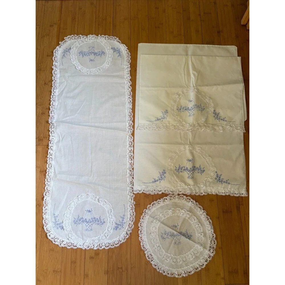 Vintage Embroidered Linen Set Runner Pillowcases Doily White Floral Basket